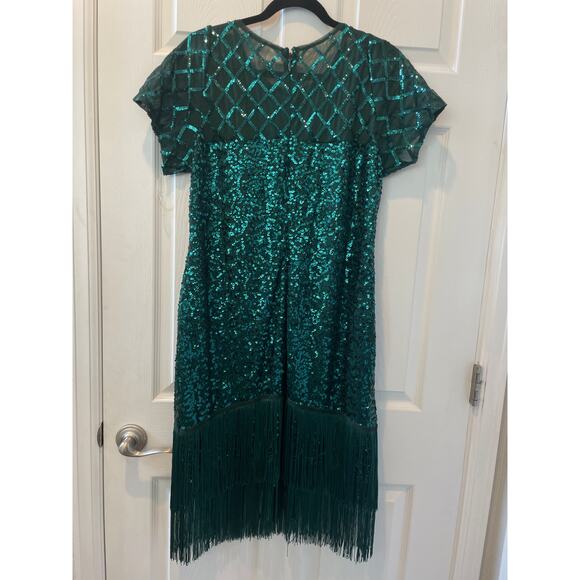 Unique Vintage Flapper Dress Green Sequins and Fringe Sz 1X #18 - Picture 4 of 8
